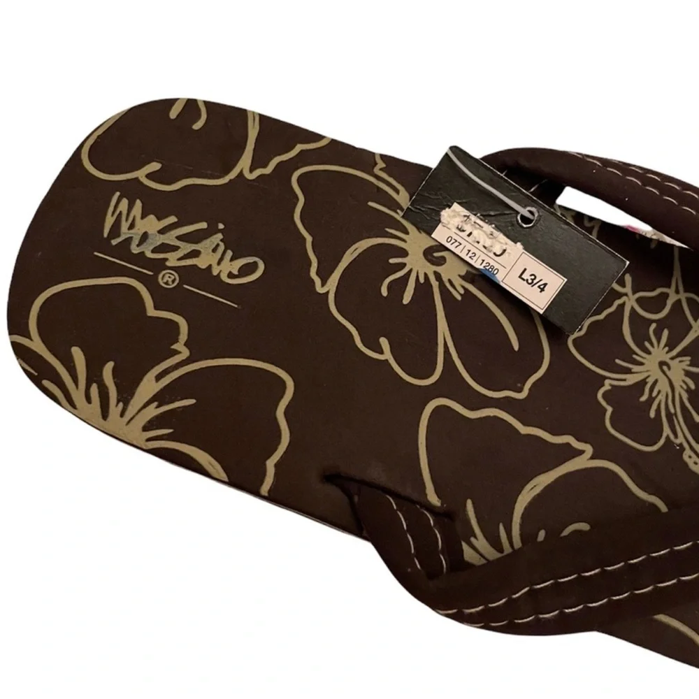 Brown Tropical Flower Flip Flops Casual Floral Unisex Non Gender Kids Size L 3/4